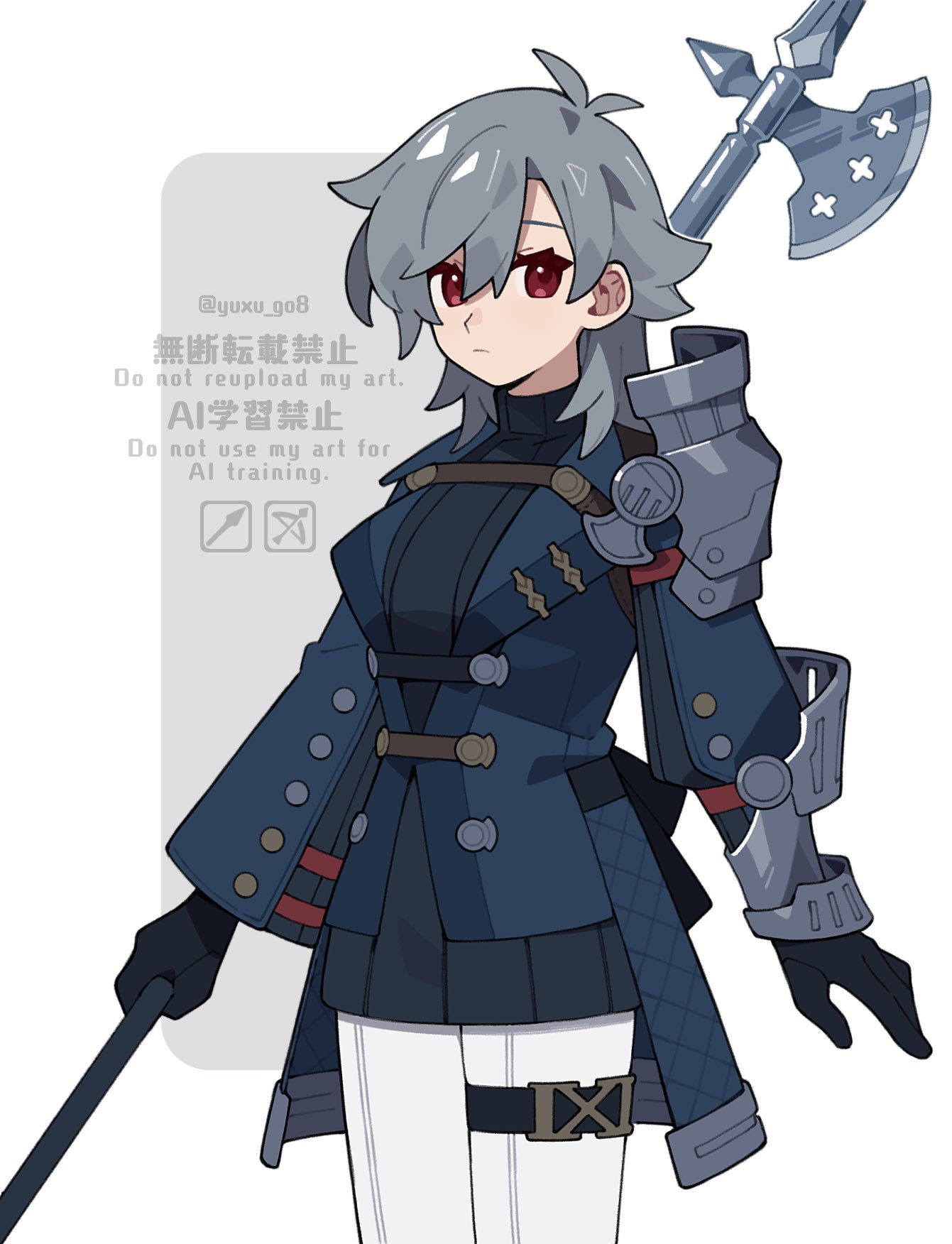 1girl, antenna_hair, armor, black_dress, black_gloves, blue_jacket, commentary_request, cowboy_shot