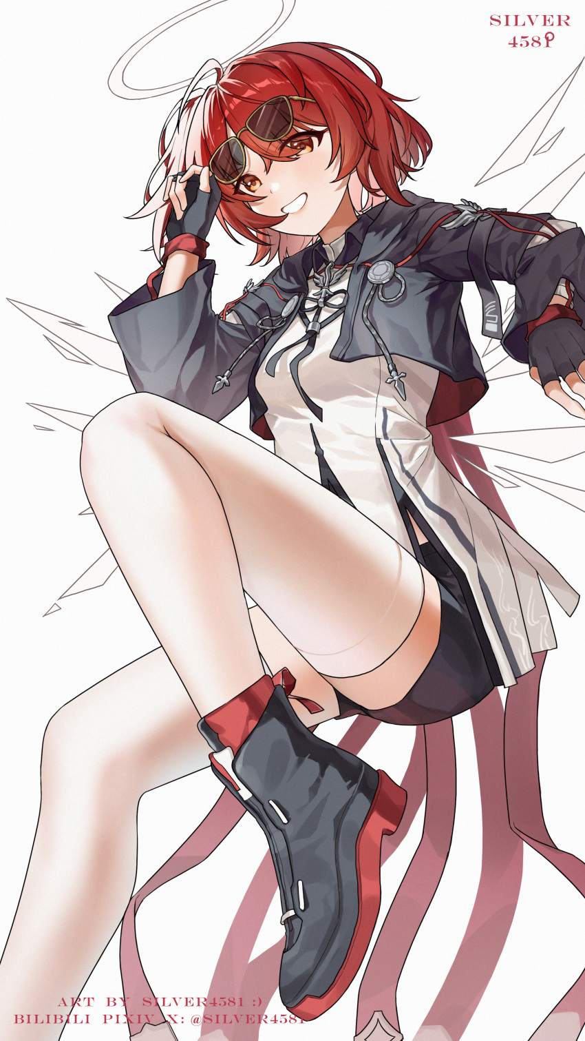 1girl, absurdres, adjusting_eyewear, ahoge, ankle_boots, arknights, bilibili_username, black_boots