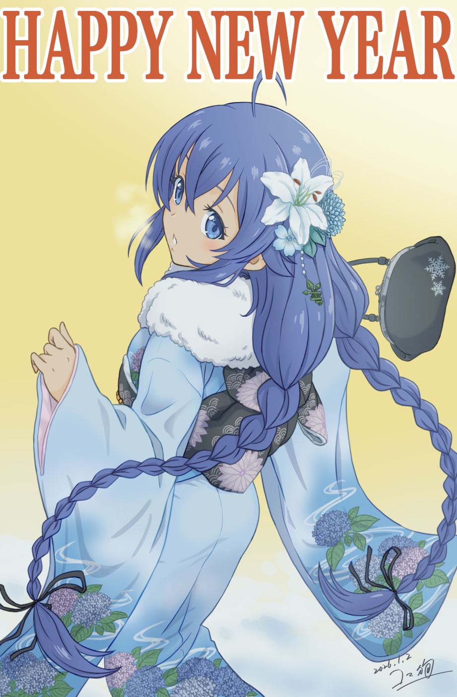 1girl, ahoge, alternate_costume, bag, blue_eyes, blue_hair, blue_kimono, braid