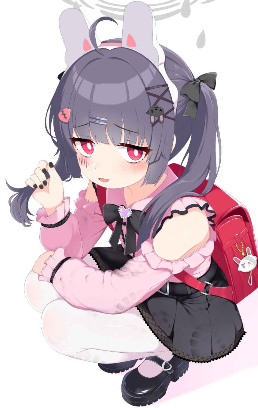 1girl, alternate_costume, animal_ears, backpack, bag, black_bow, black_hair, black_nails