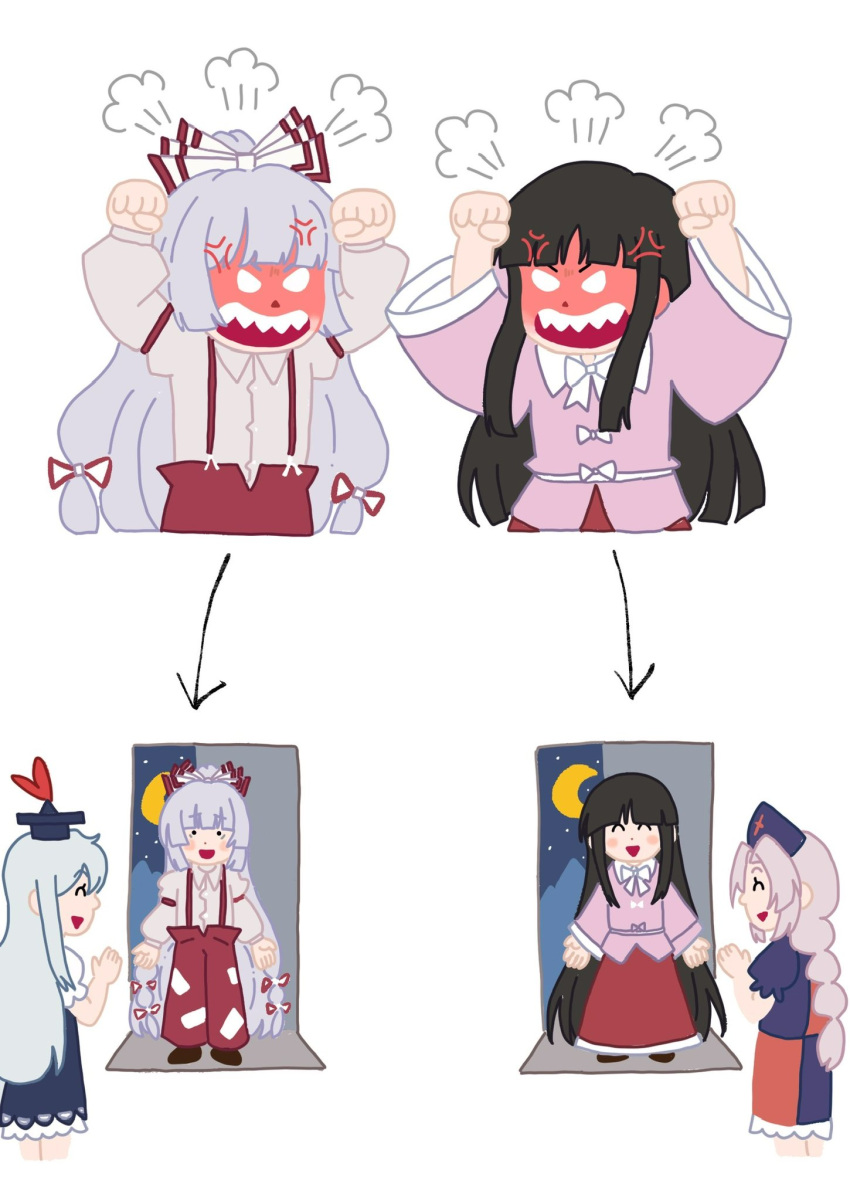 4girls, anger_vein, arrow_(symbol), black_hair, blue_dress, blue_hat, blunt_bangs, bow, dress, fujiwara_no_mokou, grey_hair, hair_bow, hashtag-only_commentary, hat, highres, hime_cut, houraisan_kaguya, kamishirasawa_keine, long_hair, meme, multiple_girls, pink_shirt, puff_of_air, red_skirt, sharp_teeth, shirt, skirt, suspenders, teeth, touhou, tsukira_kira, yagokoro_eirin