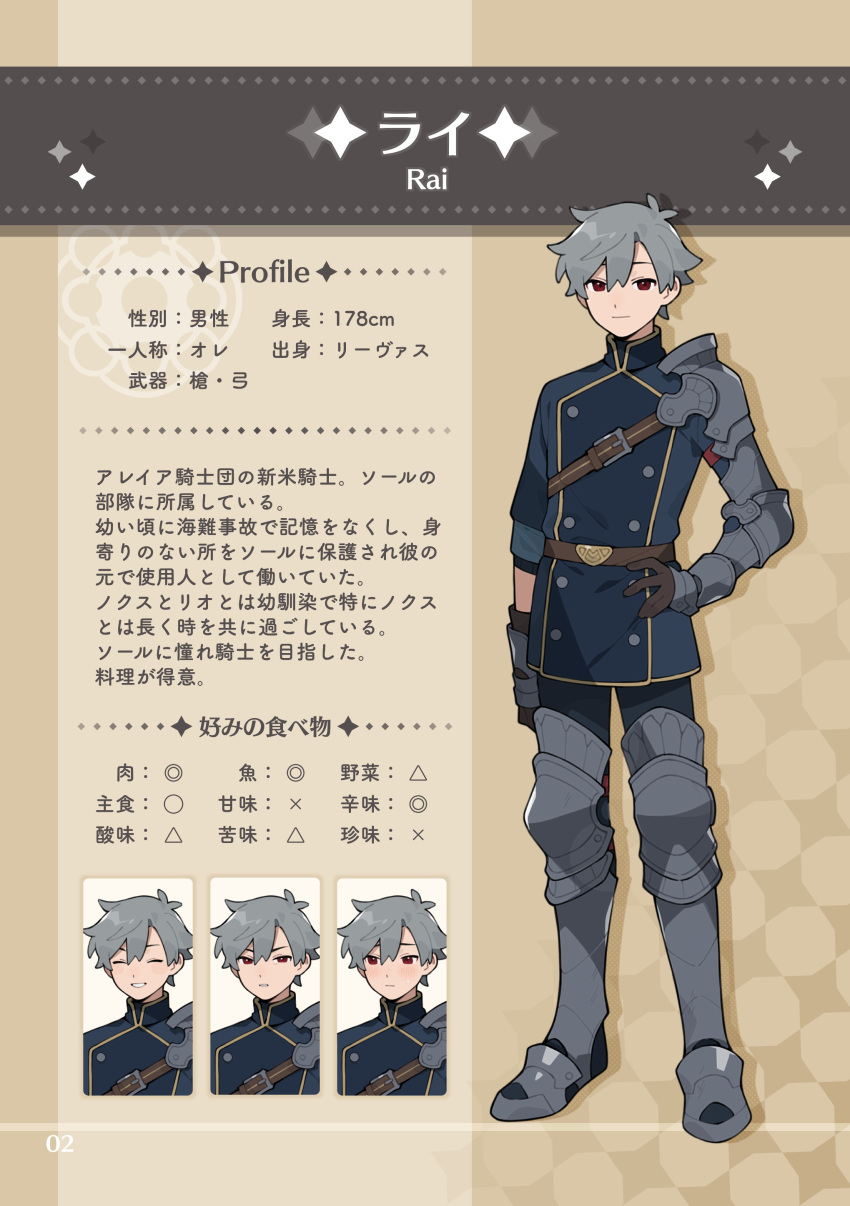 1boy, absurdres, antenna_hair, arm_armor, armor, armored_boots, belt, black_pants, blue_tunic, boots, brown_belt, brown_gloves, character_profile, commentary_request, gloves, grey_hair, highres, leg_armor, multiple_expressions, original, pants, pauldrons, pekaso1118n, rai_(pekaso1118n), red_eyes, shoulder_armor, single_pauldron, tunic