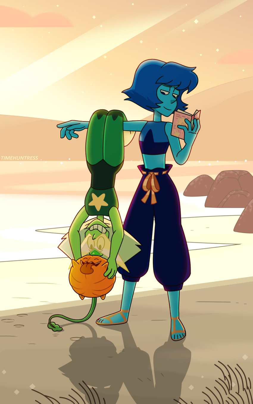 2girls, artist_name, blonde_hair, blue_hair, blue_skin, book, clenched_teeth, closed_eyes, closed_mouth, colored_skin, commentary, drawstring, english_commentary, full_body, gem, green_gem, green_skin, highres, holding, holding_book, lapis_lazuli_(steven_universe), looking_at_another, multiple_girls, open_mouth, outdoors, outstretched_arm, peridot_(steven_universe), pumpkin_(steven_universe), rock, smile, standing, star_(symbol), steven_universe, teeth, tied_drawstring, timehuntress, tongue, tongue_out