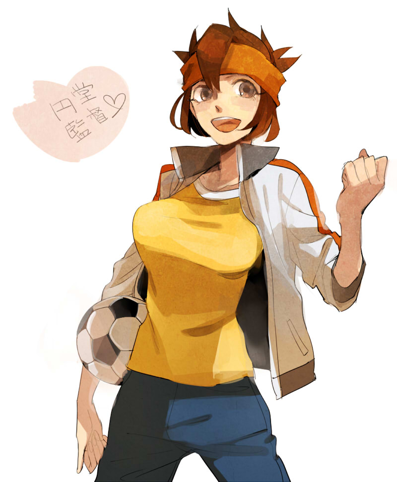 ball, brown_eyes, brown_hair, endou_mamoru, genderswap, headband, hiroaki_(angie), inazuma_eleven