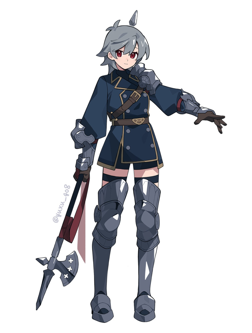 1girl, antenna_hair, armor, black_shorts, blue_coat, breasts, brown_gloves, coat