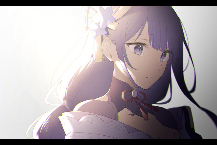 1girl, akasaki_aimu, blunt_bangs, bridal_gauntlets, clothing_cutout, commentary, crying, crying_with_eyes_open