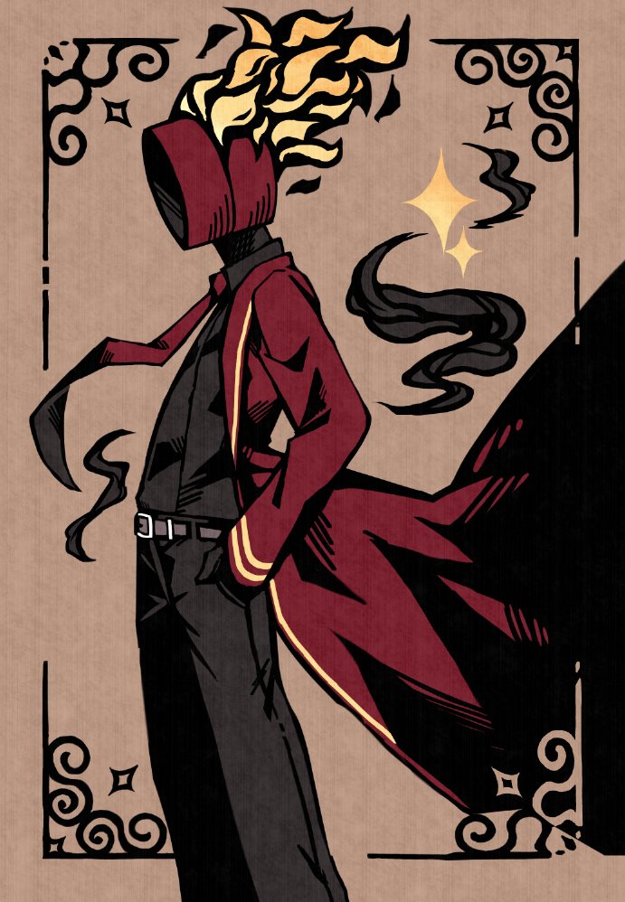 1other, belt, black_gloves, black_shirt, burning, clock, collared_shirt, commentary