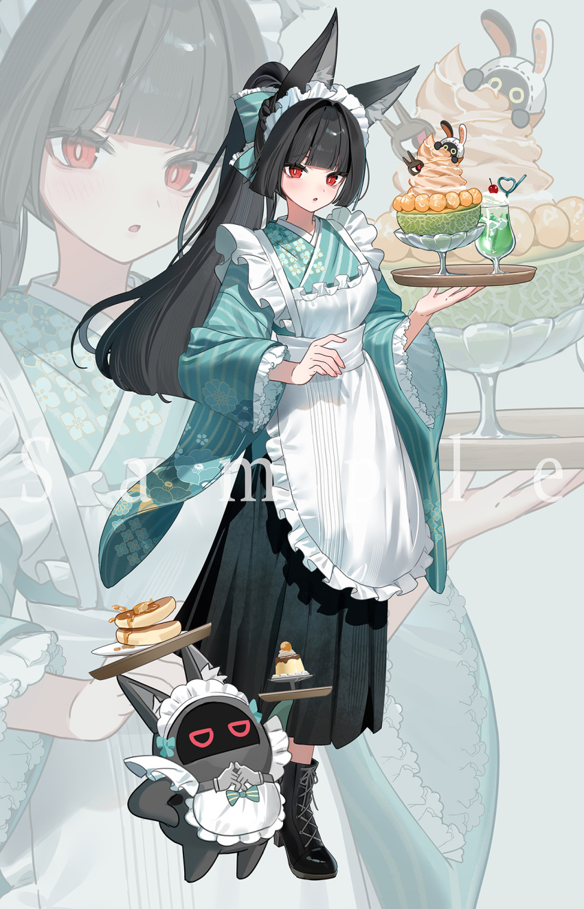 1girl, alternate_costume, animal_ears, apron, bangboo_(zenless_zone_zero), black_boots, black_hair, blunt_bangs, boots, commentary, food, fox_ears, fox_girl, full_body, high_ponytail, highres, hoshimi_miyabi, japanese_clothes, long_hair, long_sleeves, looking_at_viewer, maid, maid_headdress, parted_lips, ponytail, red_eyes, ruiuncle, sample_watermark, standing, very_long_hair, wa_maid, watermark, white_apron, wide_sleeves, zenless_zone_zero