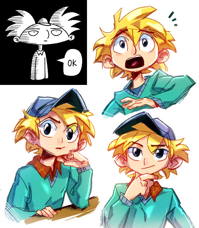 1boy, arnold_shortman, blonde_hair, blue_eyes, child, hat, hey_arnold!, long_sleeves