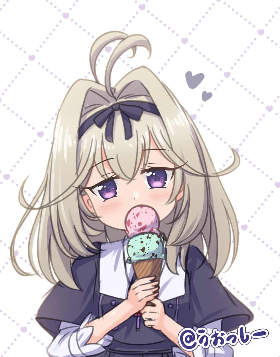 1girl, antenna_hair, argyle_background, black_bow, black_capelet, black_hairband, bow, bow_hairband, brown_hair, capelet, commentary_request, dot_nose, eating, food, hair_intakes, hairband, holding, holding_food, holding_ice_cream, ice_cream, jitome, looking_at_viewer, medium_hair, meitantei_precure!, moria_ruruka, multiple_scoops, precure, simple_background, solo, twitter_username, uosshi, upper_body, violet_eyes, white_background