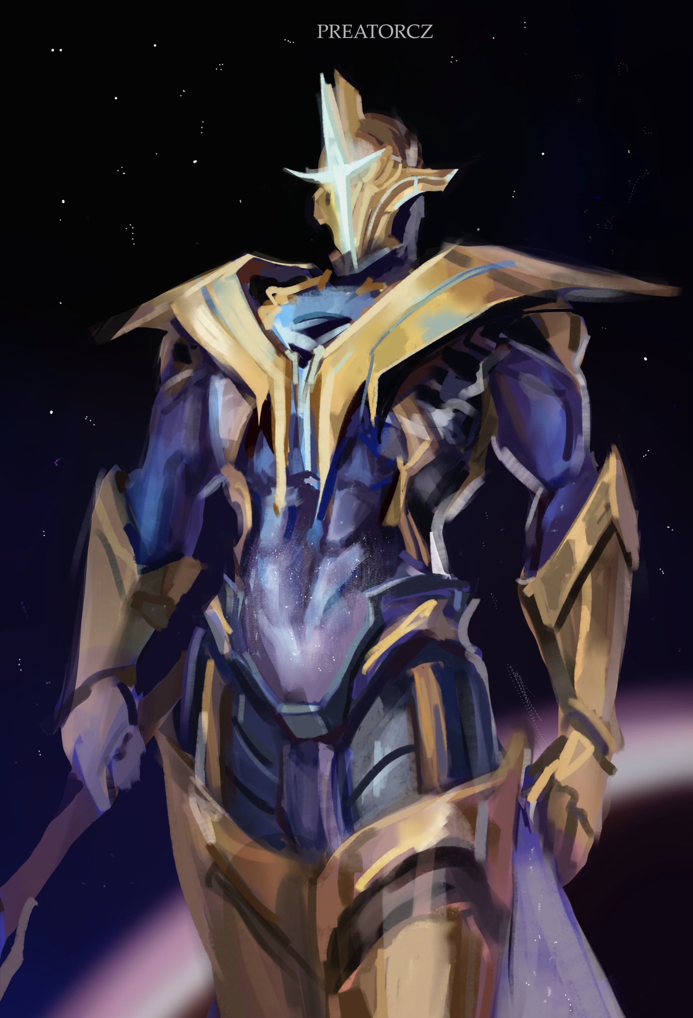 1boy, adam_warlock, adam_warlock_(cosmic_warlock), artist_name, black_hole, blurry, blurry_background, bodysuit, commentary, covered_abs, cowboy_shot, gold_gloves, gold_helmet, guardians_of_the_galaxy, highres, holding, holding_wand, male_focus, marvel, marvel_rivals, muscular, muscular_male, official_alternate_costume, preatorcaezar, purple_bodysuit, solo, space, wand
