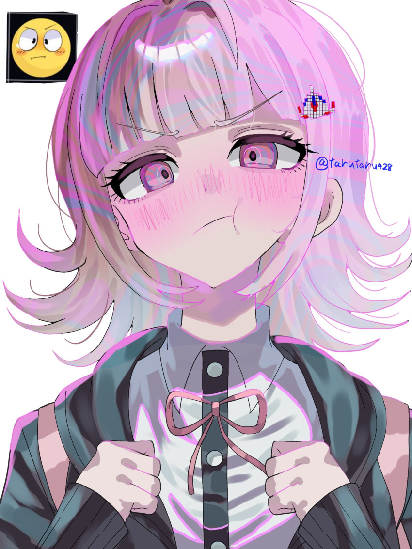 1girl, black_jacket, blunt_bangs, blush, collared_shirt, commentary_request, danganronpa_(series), danganronpa_2:_goodbye_despair, dress_shirt, flipped_hair, frown, hands_up, highres, jacket, long_sleeves, nanami_chiaki, neck_ribbon, open_clothes, open_jacket, pink_hair, pout, ribbon, shirt, tarutaru428, white_shirt