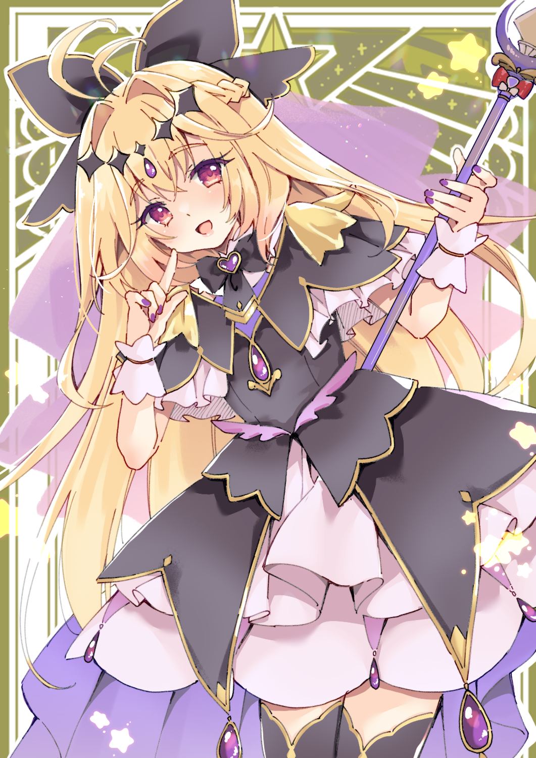 1girl, :d, antenna_hair, black_bow, black_bowtie, black_capelet, black_dress, black_hairband, black_thighhighs, blonde_hair, bow, bowtie, braid, brooch, capelet, commentary_request, cure_arcana_shadow, diamond_hairband, dress, finger_to_cheek, frilled_capelet, frills, hair_bow, hair_intakes, hairband, heart, heart_brooch, highres, holding, holding_staff, jewelry, long_hair, looking_at_viewer, meitantei_precure!, moria_ruruka, nail_polish, open_mouth, precure, purinpurin, purple_nails, red_eyes, smile, solo, staff, thigh-highs, very_long_hair, white_wrist_cuffs, wrist_cuffs
