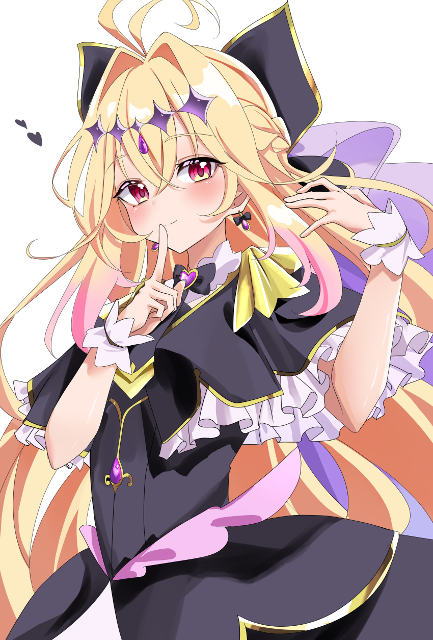 1girl, absurdres, black_bow, black_capelet, black_dress, blonde_hair, blush, bow
