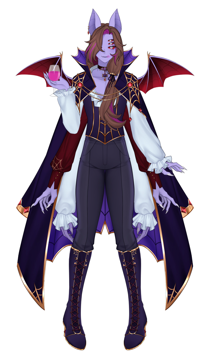 absurdres, animal_ears, bat_boy, bat_ears, boots, brown_hair, cape, colored_sclera