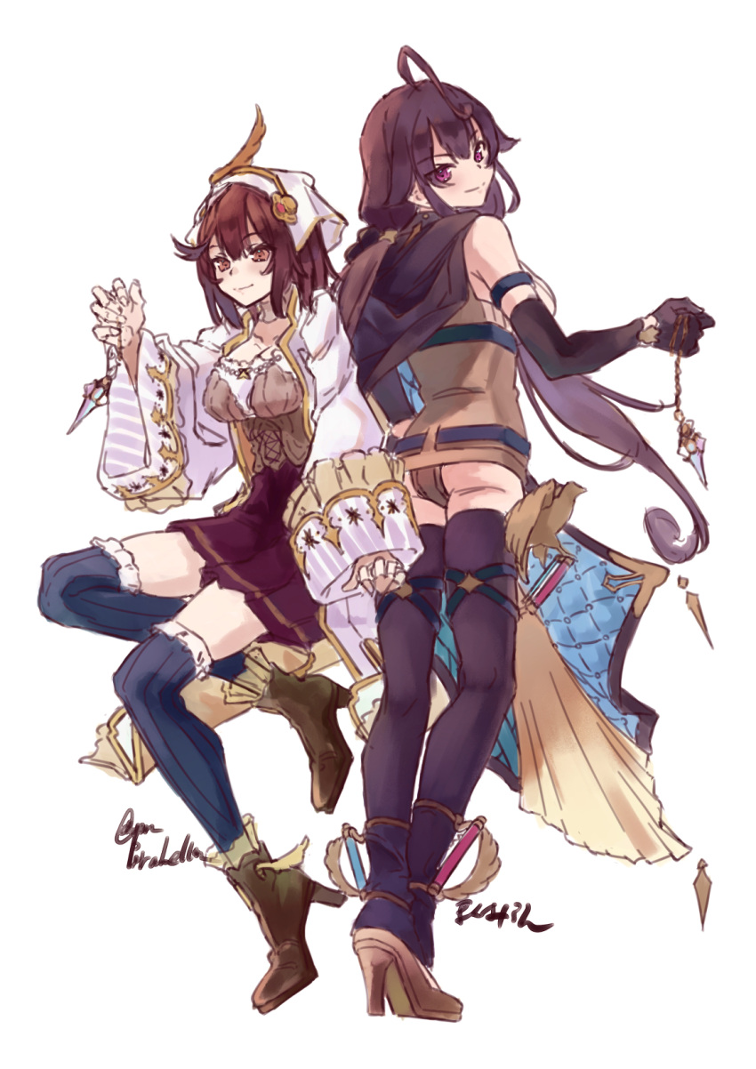 2girls, ahoge, artist_name, atelier_(series), atelier_sophie_2, belt, black_thighhighs, blue_belt