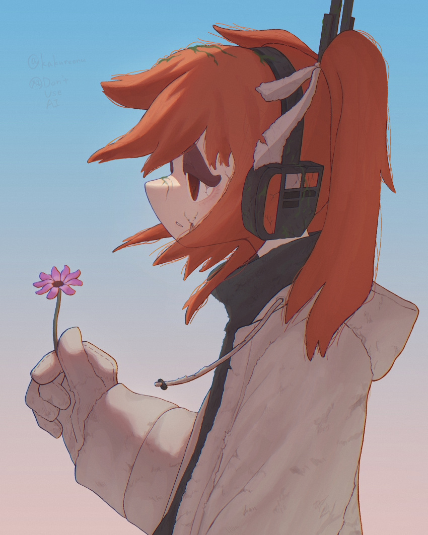 1girl, absurdres, adachi_rei, commentary_request, cracked_skin, drawstring, flower, from_side