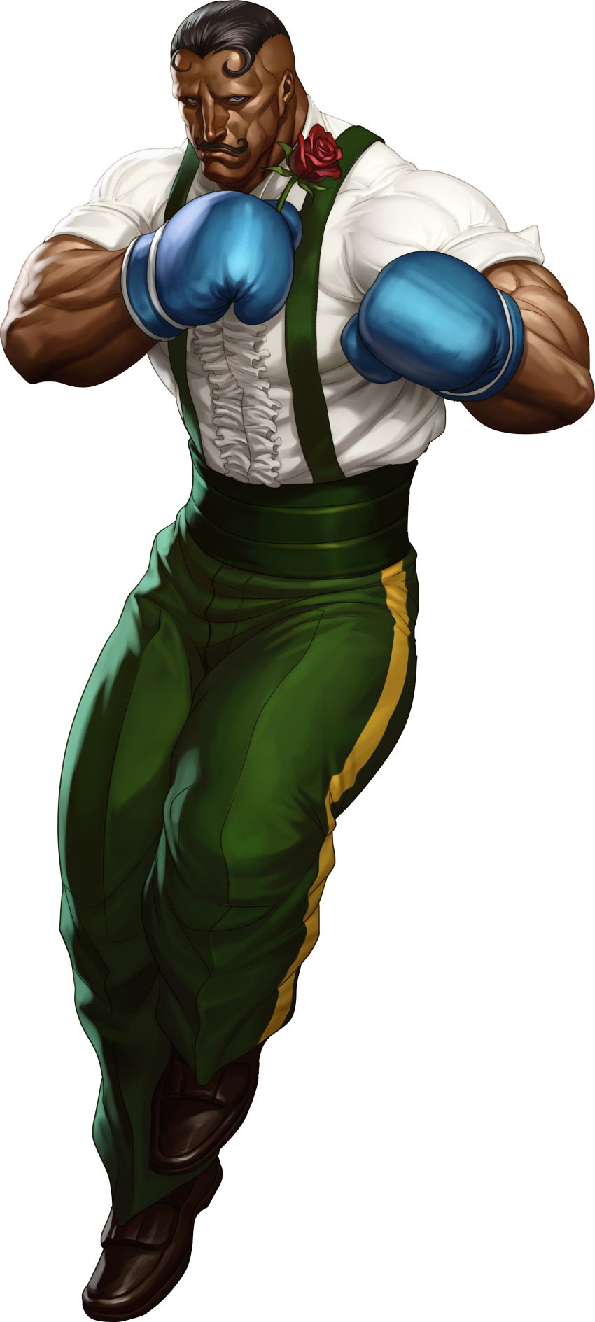 black_hair, boxing_gloves, capcom, dark-skinned_male, dark_skin, dudley, facial_hair, flower