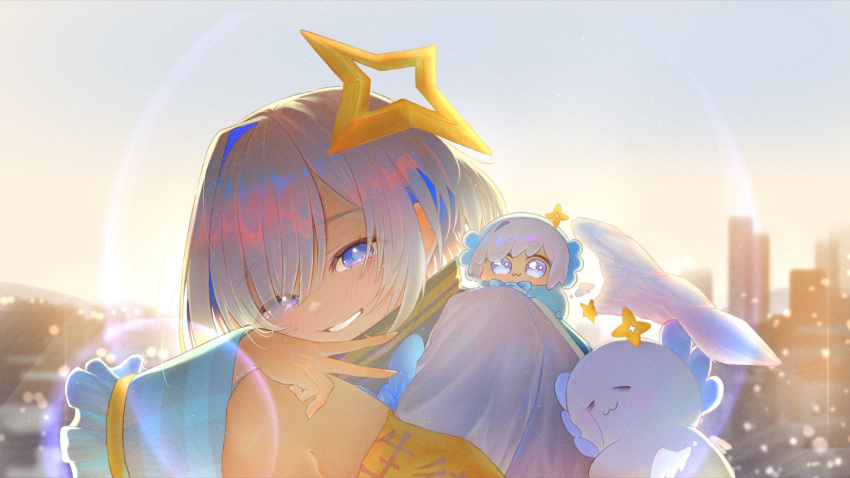 1girl, amane_kanata, amane_kanata_(1st_costume), angel, angel_wings, armband, blue_hair, colored_inner_hair
