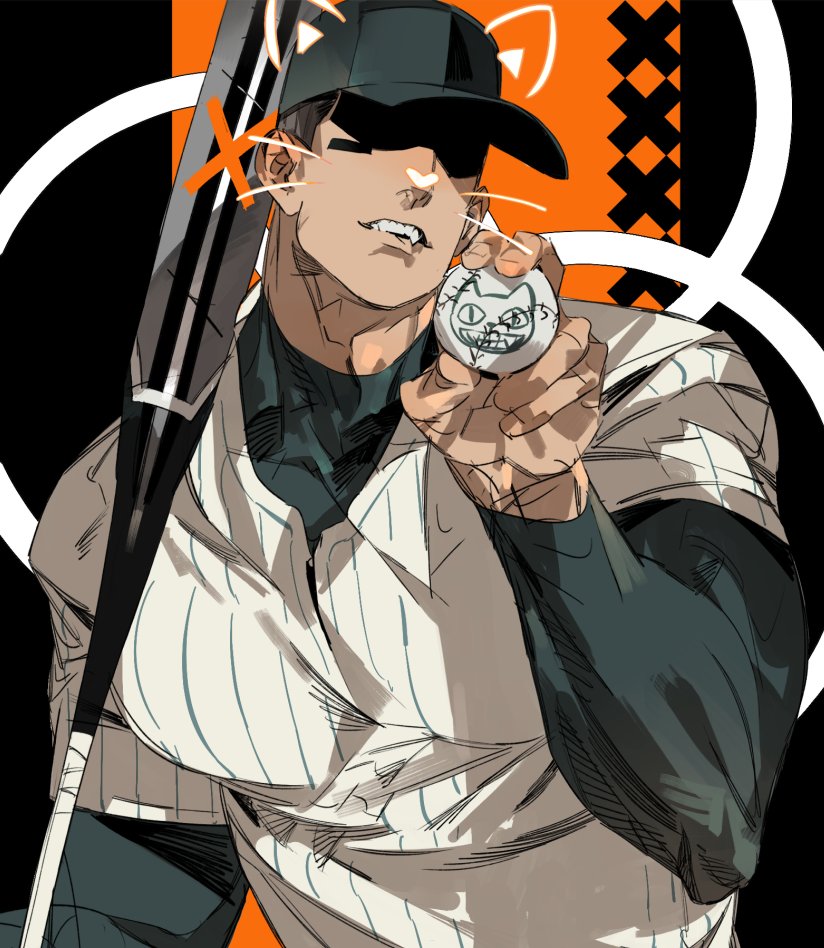1boy, add-on_(off), baseball, baseball_bat, baseball_cap, black_hair, black_hat, black_shirt