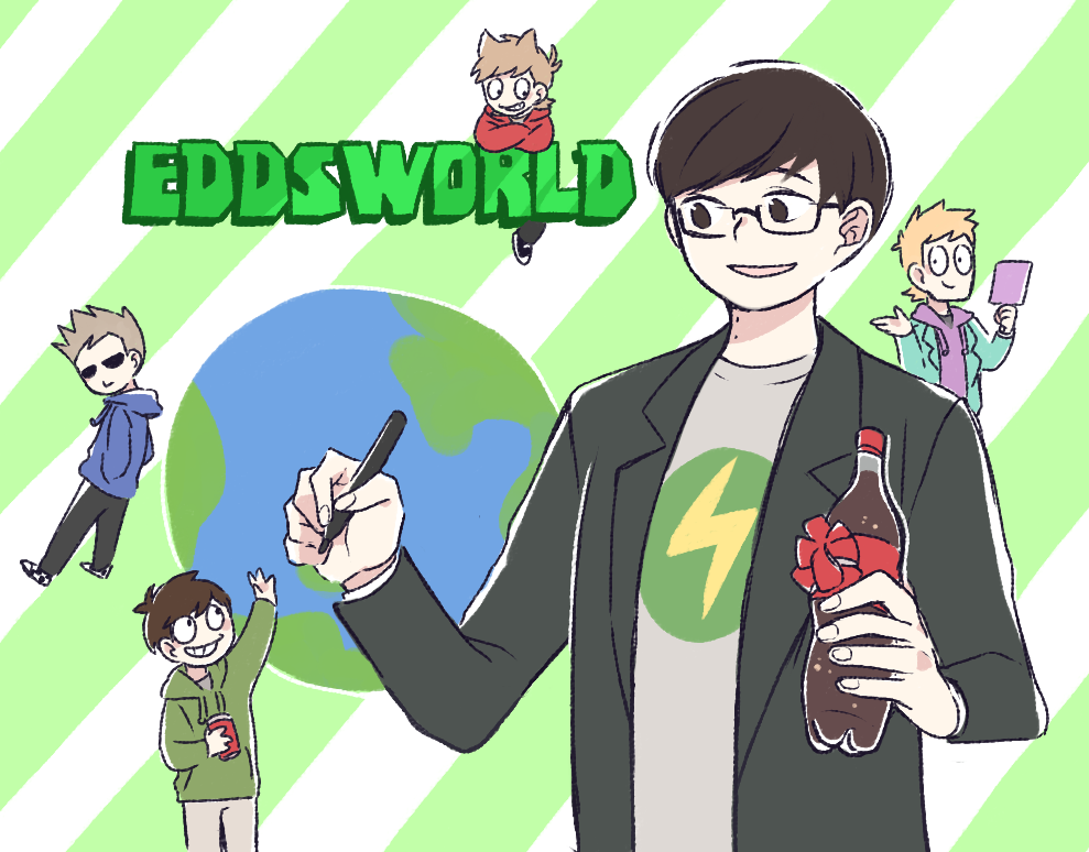 5boys, animification, antenna_hair, black_jacket, bottle, brown_eyes, brown_hair, cola