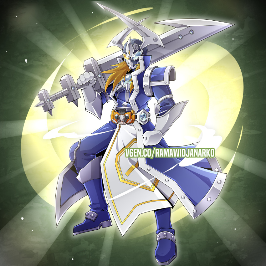 1boy, absurdres, armor, blonde_hair, boots, clenched_hand, commentary, cosplay