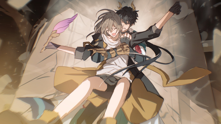 1boy, 1girl, absurdres, alternate_form, armor, arms_up, bike_shorts, black_boots, black_gloves, black_hair, black_jacket, black_pants, black_shirt, black_shorts, black_skirt, boots, chinese_clothes, clenched_hand, closed_eyes, coat, commentary_request, dan_heng_(honkai:_star_rail), dan_heng_(permansor_terrae)_(honkai:_star_rail), dragon_boy, dragon_horns, eyeliner, fingerless_gloves, floating_clothes, floating_hair, full_body, gauntlets, gloves, gold_armor, grey_eyes, grey_hair, hair_between_eyes, highres, holding, holding_quill, honkai:_star_rail, honkai_(series), horns, hug, hug_from_behind, in-universe_location, jacket, long_hair, long_sleeves, looking_at_viewer, low_ponytail, makeup, miniskirt, motion_lines, official_alternate_costume, official_alternate_hairstyle, one_eye_closed, open_clothes, open_jacket, open_mouth, pants, pointy_ears, ponytail, quill, red_eyeliner, shirt, shorts, sidelocks, single_gauntlet, single_glove, skirt, standing, stelle_(honkai:_star_rail), sweatdrop, t-shirt, teeth, trailblazer_(honkai:_star_rail), two-sided_fabric, two-sided_jacket, v-shaped_eyebrows, white_coat, white_shirt, yellow_jacket, yellow_pupils, zassyoku_dd