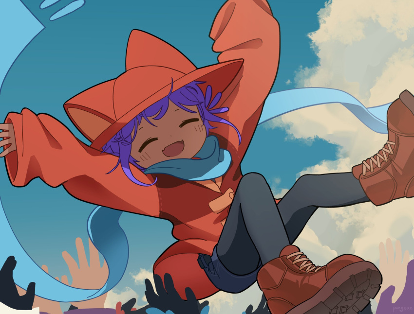 1girl, 1other, 3boys, :d, alula_(oneshot), androgynous, animal_hat, black_socks