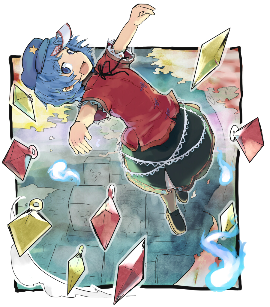 blue_eyes, blue_hair, danmaku, fang, geung_si, ghost, graveyard, hat