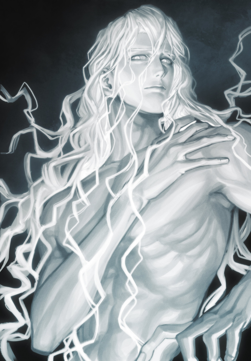 1boy, absurdres, bishounen, closed_mouth, greyscale, groquis_j, hair_between_eyes, hand_on_own_chest