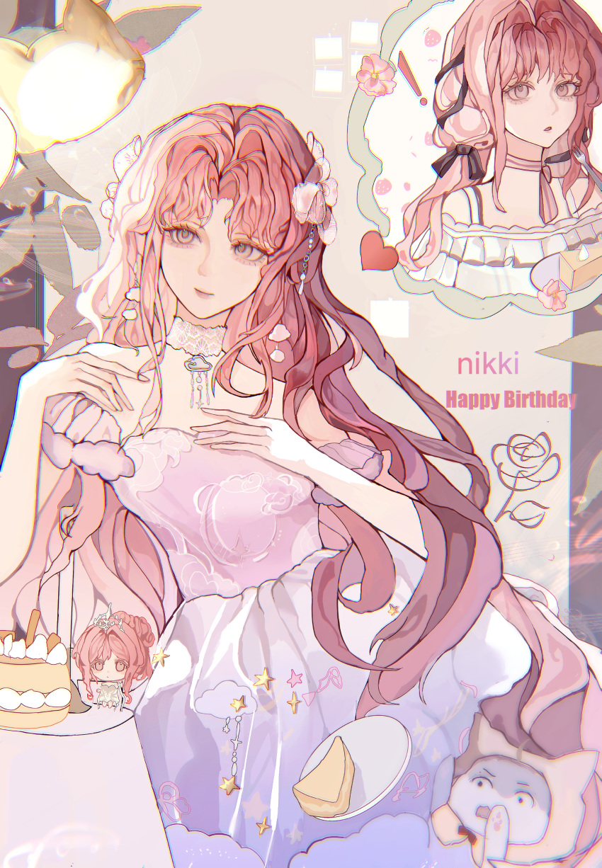 !, 2girls, absurdres, bare_shoulders, birthday, birthday_cake, black_bow, black_ribbon