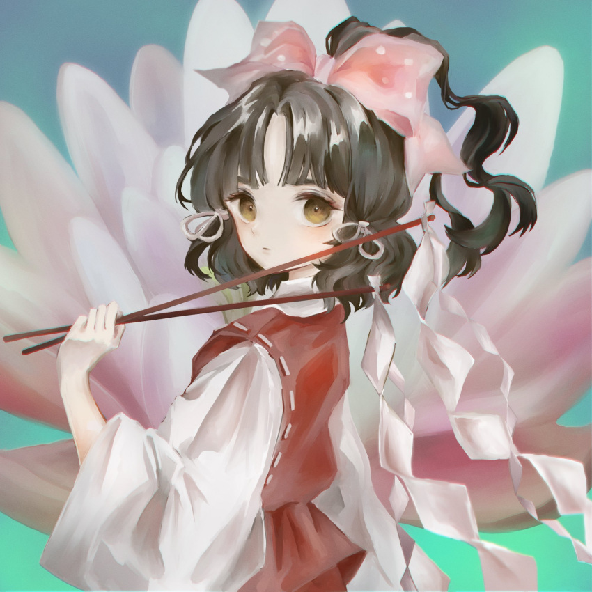 1girl, aqua_background, black_hair, bow, brown_eyes, closed_mouth, flower, from_side