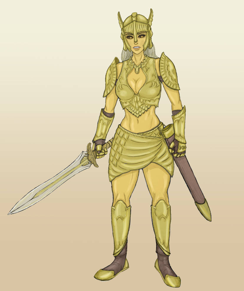 1girl, armor, armored_boots, black_sclera, boobplate, boots, breasts, cheloveknomer99, clawed_gauntlets, cleavage_cutout, clothing_cutout, colored_sclera, commentary, crop_top, english_commentary, full_body, gold_armor, gold_skin, golden_saint_(aureal), gradient_background, helmet, holding, holding_sword, holding_weapon, knee_boots, long_hair, looking_to_the_side, midriff, miniskirt, scabbard, scale_armor, sheath, shoulder_armor, skirt, slit_pupils, solo, standing, sword, the_elder_scrolls, the_elder_scrolls_iv:_oblivion, thighs, weapon, white_background, white_hair, winged_helmet, yellow_background, yellow_eyes