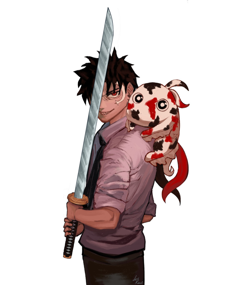 1boy, black_hair, black_necktie, chainsaw_man, collared_shirt, commentary, dexkaai, english_commentary, fish, highres, holding, holding_sword, holding_weapon, kagurabachi, katana, koi, looking_at_viewer, male_focus, necktie, parody, red_eyes, rokuhira_chihiro, scar, scar_on_face, sharp_teeth, shirt, short_hair, simple_background, smile, solo, sword, teeth, weapon, white_background