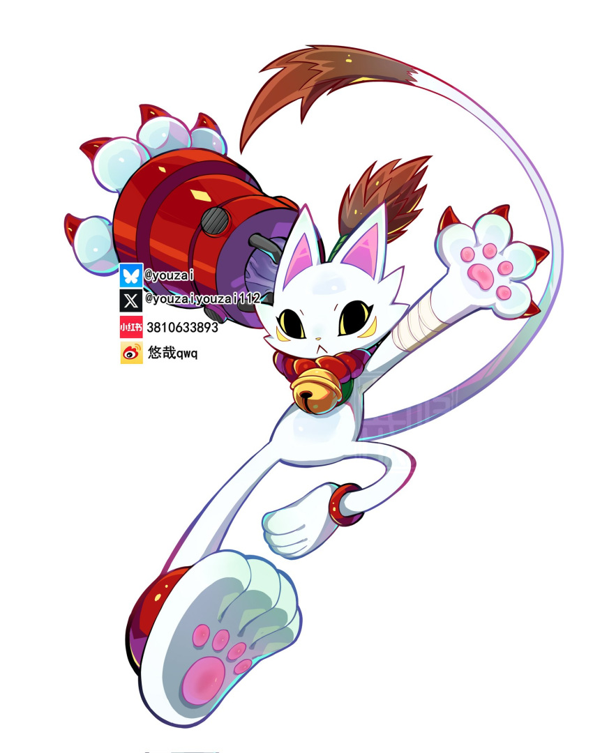 black_eyes, cat, colored_sclera, commentary_request, digimon, digimon_(creature), flying_kick, full_body