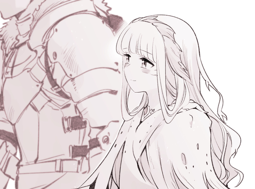 1boy, 1girl, armor, belt, blush, cloak, hairband, highres