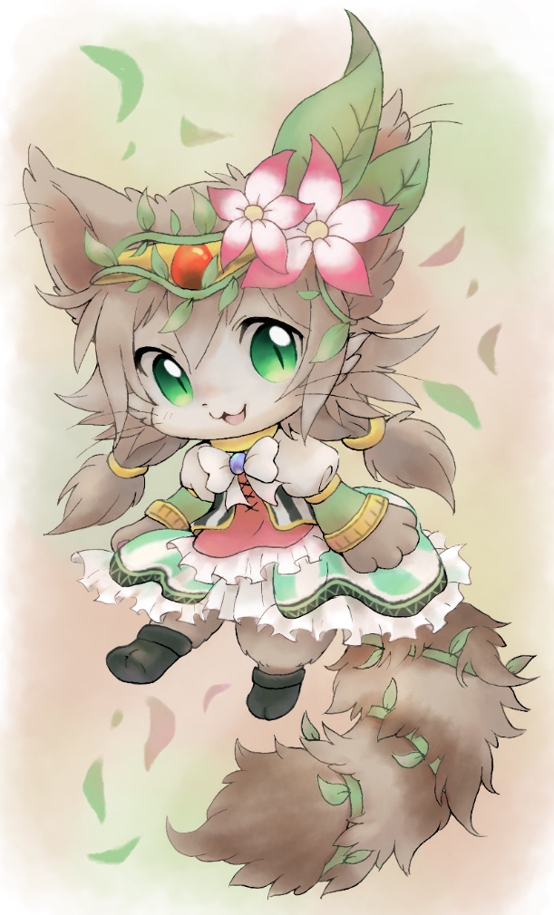 1girl, :3, animal_ears, artemis_(cat_busters), black_boots, boots, bow, bowtie, brown_fur, brown_hair, cat_busters, cat_ears, cat_girl, cat_tail, chibikemo, commentary, flower, furry, furry_female, green_skirt, hair_between_eyes, hair_flower, hair_ornament, hair_rings, leaf_hair_ornament, low_twintails, medium_hair, nekogusa, open_mouth, pink_flower, red_shirt, shirt, skirt, smile, solo, tail, twintails, whiskers, white_bow, white_bowtie