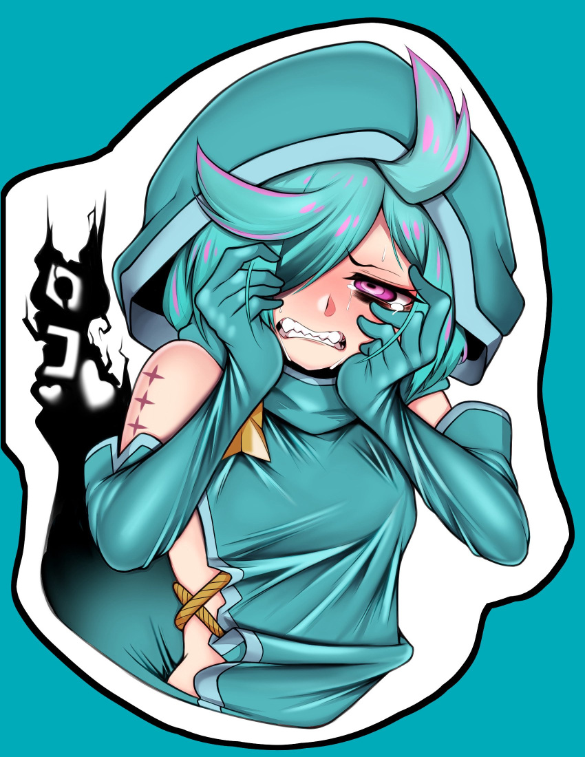 1girl, anemo_nemo, blue_background, blue_hair, clenched_teeth, commentary_request, crying, elbow_gloves