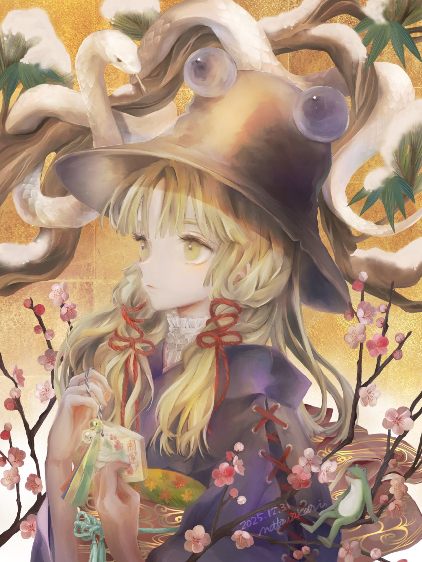 1girl, blonde_hair, branch, brown_hat, bud, cherry_blossoms, closed_mouth, collar
