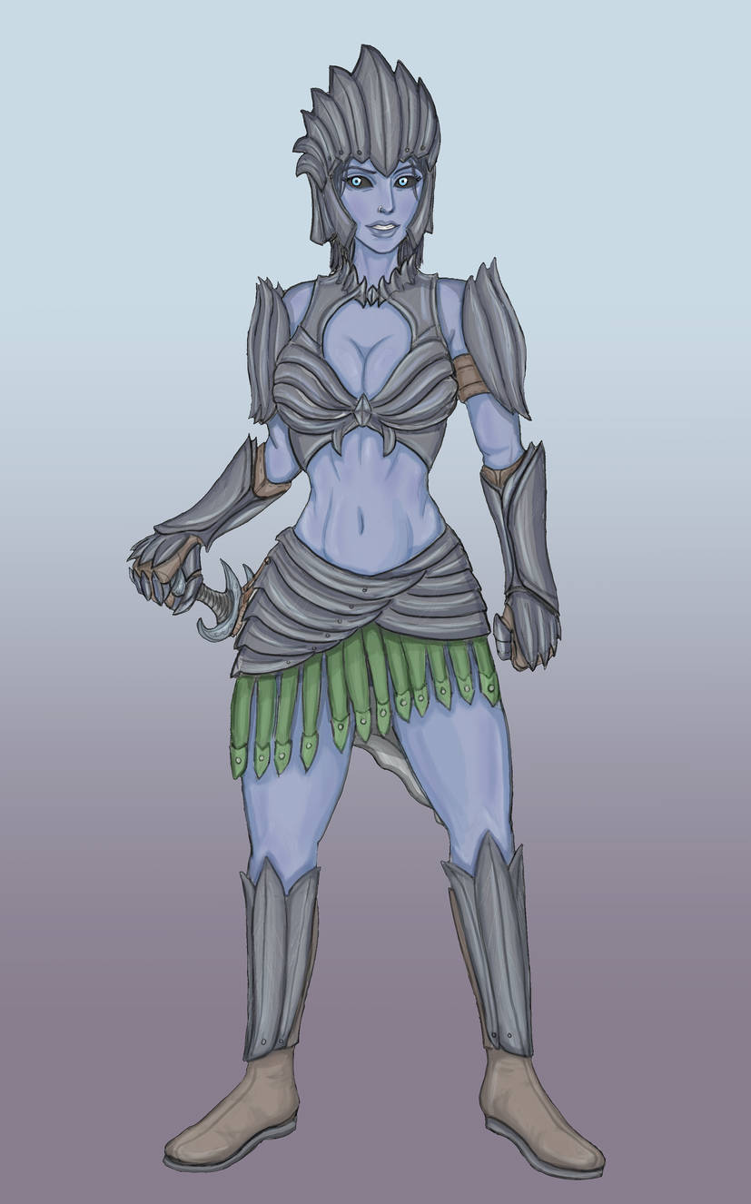 1girl, armor, armored_boots, black_armor, black_background, black_hair, black_sclera, blue_background