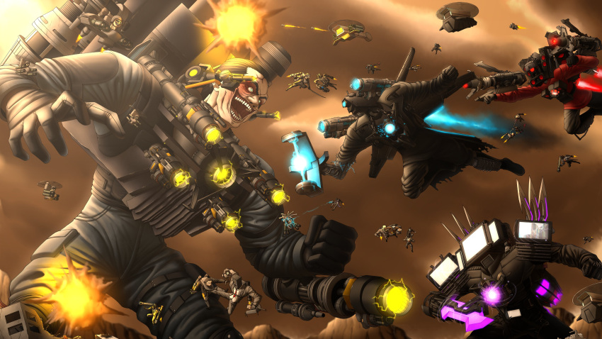 6+boys, absurdres, arm_cannon, battle, black_suit, broken_screen, camera_man_(character), camera_transport_helicopter