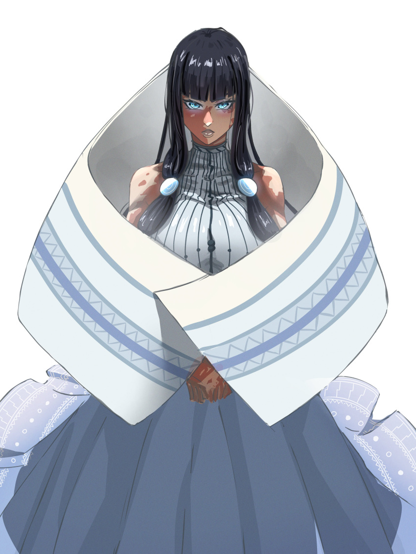 1girl, absurdres, apukunapa_kutimuynin, bare_shoulders, beads, black_hair, blue_eyes, blunt_bangs