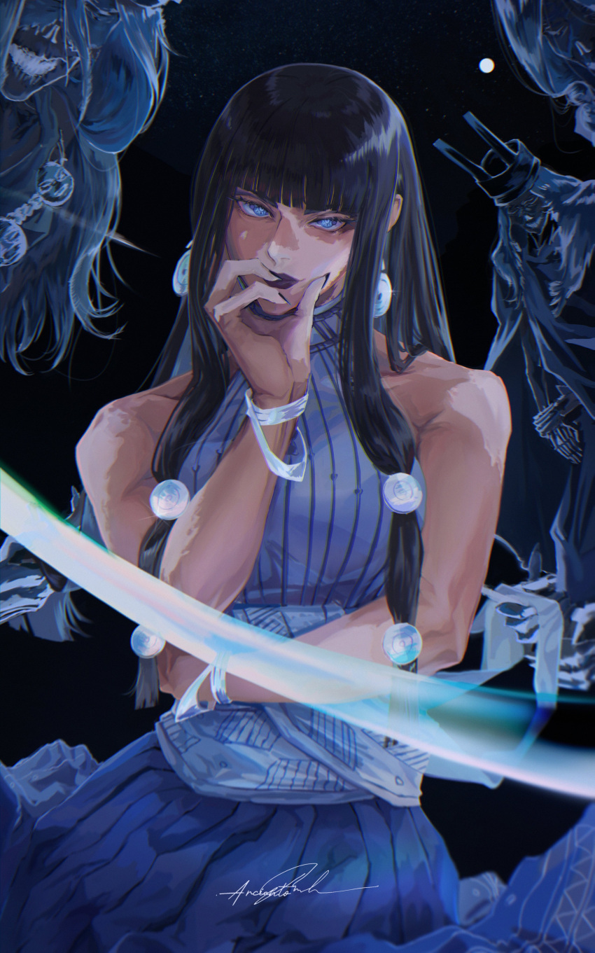 1girl, absurdres, apukunapa_kutimuynin, arcientoo, bare_shoulders, beads, black_hair, blue_eyes