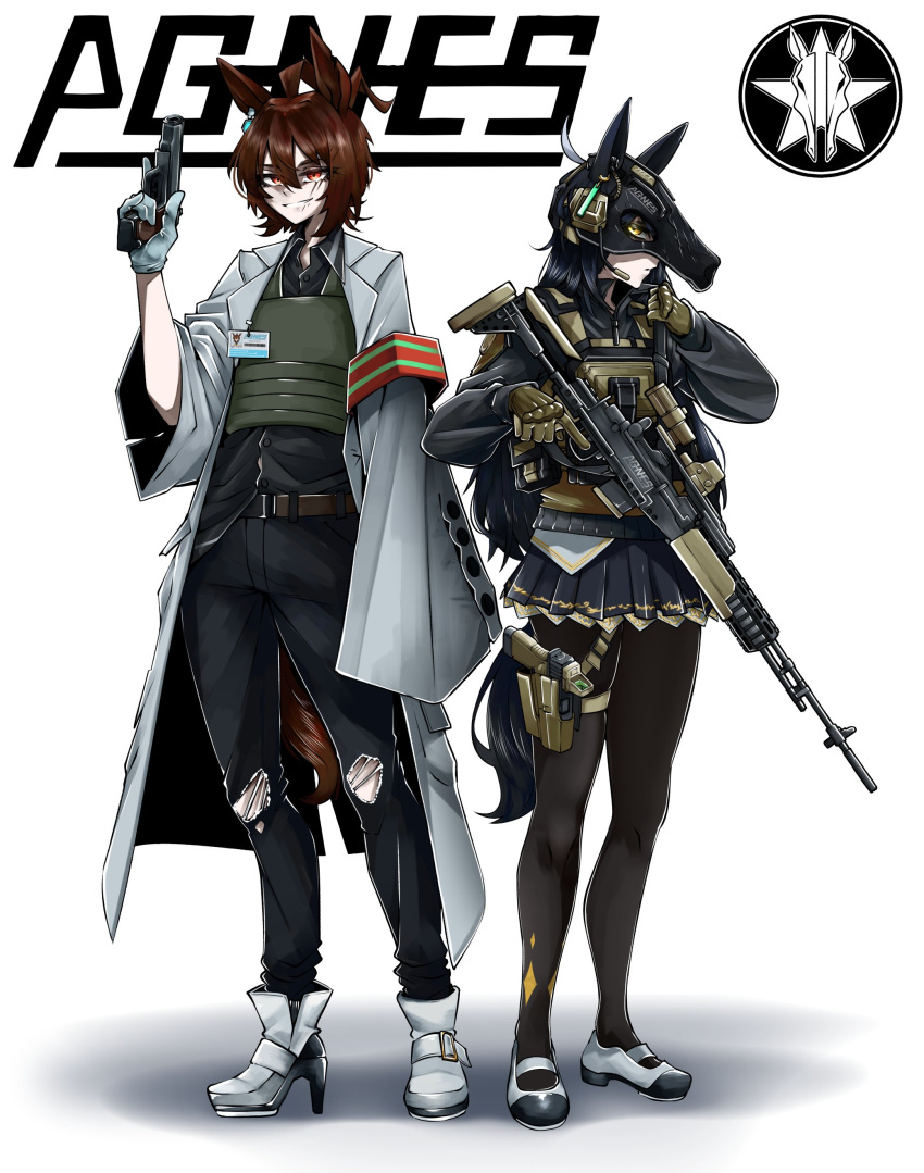 2girls, absurdres, agnes_tachyon_(umamusume), ahoge, animal_ears, assault_rifle, battle_rifle, belt, black_coat, black_hair, black_pants, black_pantyhose, black_skirt, boots, brown_hair, bulletproof_vest, chemical_structure, closed_mouth, coat, collared_shirt, commentary, docileart, ear_tag, earrings, ears_through_headwear, english_commentary, glock, gloves, grin, gun, hair_between_eyes, handgun, helmet, highres, holding, holding_gun, holding_weapon, horse_ears, horse_girl, horse_tail, id_card, jewelry, lab_coat, long_hair, long_sleeves, m14, makarov_pm, manhattan_cafe_(creeping_shadow)_(umamusume), manhattan_cafe_(umamusume), medium_hair, mk_14_ebr, multicolored_hair, multiple_girls, necktie, pants, pantyhose, parted_lips, red_eyes, rifle, shirt, shoes, single_earring, skirt, sleeves_past_fingers, sleeves_past_wrists, smile, smirk, tail, teeth, torn_clothes, torn_pants, umamusume, vest, visor_(armor), weapon, white_boots, white_hair, yellow_eyes