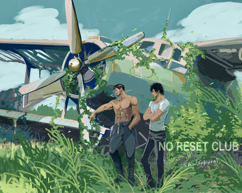 2boys, abs, aircraft, airplane, artist_name, beard, black_boots, black_hair
