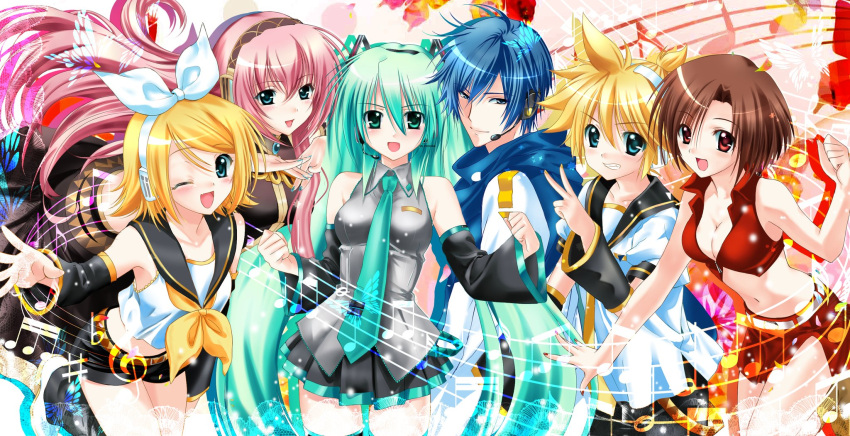 2000s_(style), 2boys, 4girls, aqua_eyes, aqua_hair, aqua_nails, aqua_necktie, arm_warmers, blonde_hair, blue_eyes, blue_hair, blue_scarf, bow, brown_hair, closed_mouth, hair_bow, hatsune_miku, headphones, highres, kagamine_len, kagamine_rin, kaito, kaito_(vocaloid), long_hair, megurine_luka, meiko, meiko_(vocaloid), multiple_boys, multiple_girls, musical_note, navel, necktie, one_eye_closed, open_mouth, pink_hair, red_eyes, red_nails, red_skirt, roozaku, sailor_collar, scarf, short_hair, skirt, smile, twintails, v, vocaloid, watermark, yellow_nails, yellow_necktie