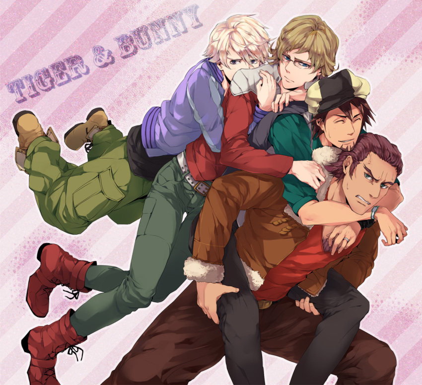 antonio_lopez, barnaby_brooks_jr, belt, blonde_hair, blue_eyes, boots, brown_eyes, brown_hair, cabbie_hat, carrying, chest_hair, closed_eyes, dark_skin, eyes_closed, glasses, green_eyes, hat, highres, ivan_karelin, jacket, kaburagi_t_kotetsu, letterman_jacket, male, multiple_boys, necktie, purple_eyes, purple_jacket, red_jacket, ryu56, short_hair, studded_belt, tiger_&amp;_bunny, v-neck, vest, violet_eyes