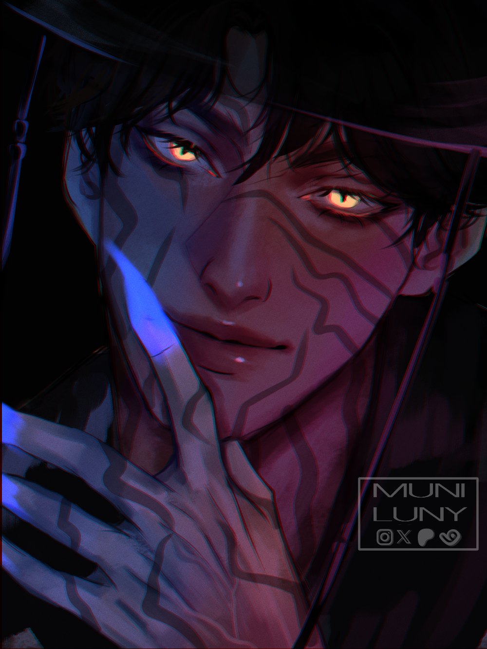 1boy, artist_name, black_background, black_hair, close-up, commentary, demon, eyelashes