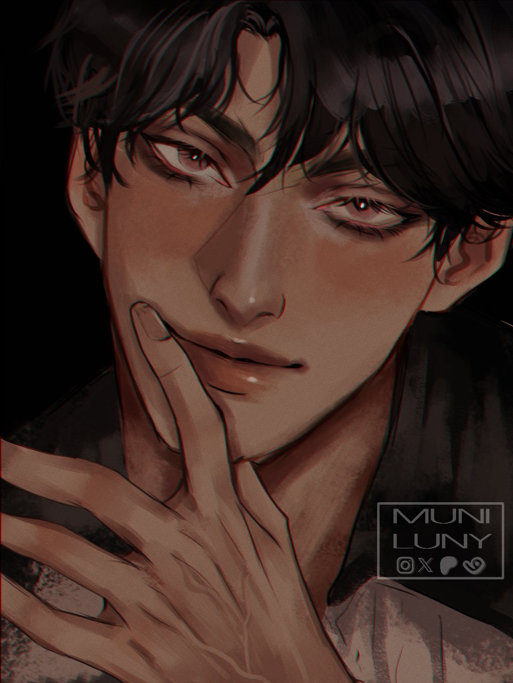1boy, artist_name, black_background, black_hair, brown_eyes, close-up, closed_mouth, commentary