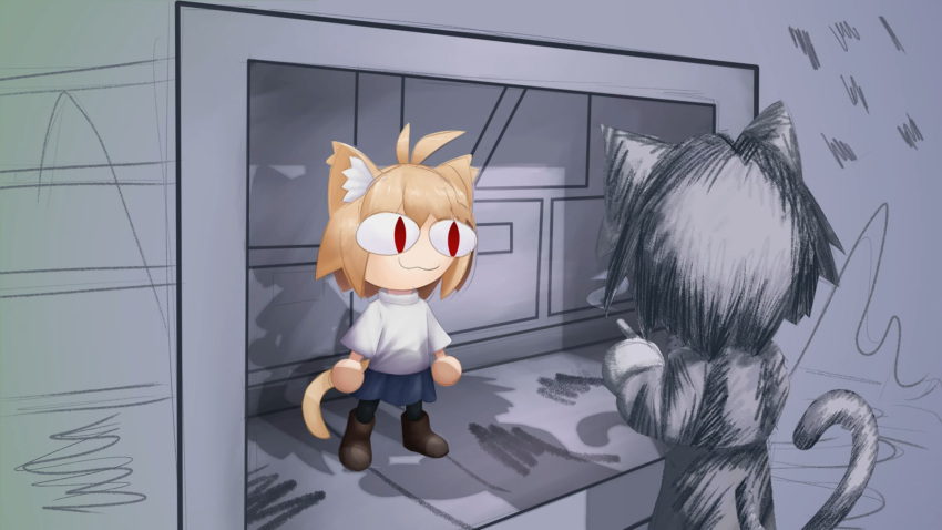1boy, 1girl, :3, animal_ear_fluff, animal_ears, antenna_hair, artfulburd, blonde_hair